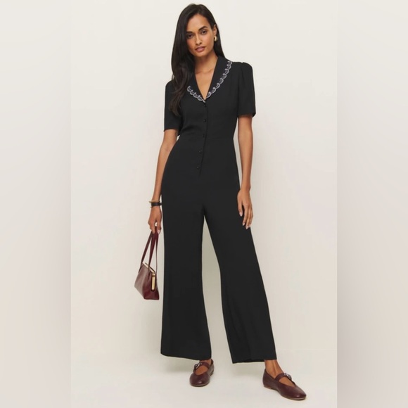 Reformation Black Short Sleeve Jumpsuit Heart Embroidery Size 4 - Picture 1 of 11